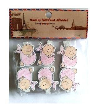 Klamerki ozdobne niemowlęce .  Wzór : Nr 1 różowy . Opakowanie 6 klamerek. Kod towaru : PEG-3126